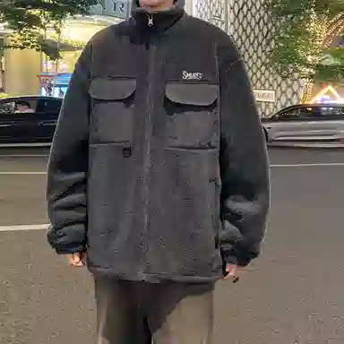 蓝精灵 显高显瘦羊羔毛加绒加厚保暖棉衣美式高街潮牌复古简约纯色休闲宽松棉袄子防风防寒休闲外套情侣潮流百搭帅气棉服 男女同款