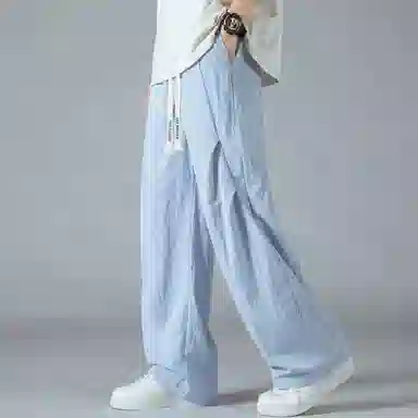 蓝精灵 美式复古褶皱降落伞兵裤纯色夏季垂感百搭运动冰爽透气直筒阔腿工装高街休闲裤 男女同款