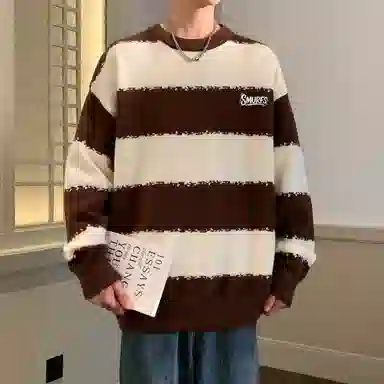 蓝精灵 显高显瘦遮肉美式高街潮牌简约条纹拼色慵懒风软糯保暖圆领套头毛线衣宽松舒适亲肤情侣潮流百搭时尚日常通勤休闲针织衫 男女同款