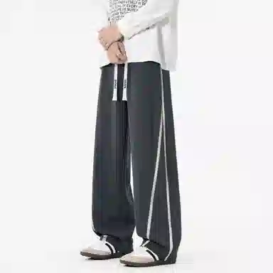 蓝精灵 显高显瘦垂感美式高街潮牌纯色简约侧边条纹开衩设计针织卫裤帅气情侣潮流百搭舒适柔软亲肤日常通勤宽松直筒阔腿休闲裤 男女同款