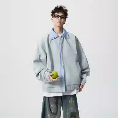 蓝精灵 美式高街潮牌简约基础款纯色条纹假两件双层翻领高级感慵懒风松弛感个性潮流百搭青春帅气时尚舒适日常通勤休闲夹克外套 男女同款