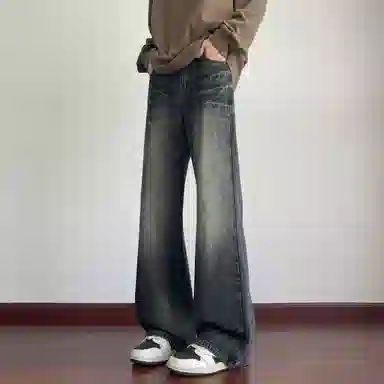 蓝精灵 显高显瘦显腿长微喇垂感闪电纹美式高街潮牌简约水洗做旧复古帅气情侣潮流百搭柔软舒适不硬日常通勤宽松直筒阔腿牛仔裤 男女同款