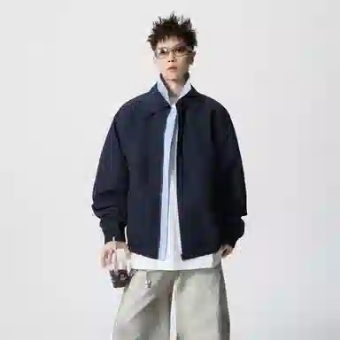 蓝精灵 美式高街潮牌简约基础款纯色条纹假两件双层翻领高级感慵懒风松弛感个性潮流百搭青春帅气时尚舒适日常通勤休闲夹克外套 男女同款