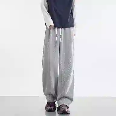 蓝精灵 美式高街复古小众老钱风斑马格纹设计大码宽松直筒垂感阔腿长裤潮牌潮流无性别主义舒适通勤抽绳系带休闲裤 男女同款