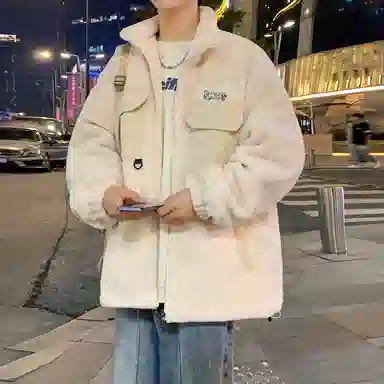 蓝精灵 显高显瘦羊羔毛加绒加厚保暖棉衣美式高街潮牌复古简约纯色休闲宽松棉袄子防风防寒休闲外套情侣潮流百搭帅气棉服 男女同款
