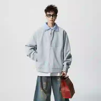 蓝精灵 美式高街潮牌简约基础款纯色条纹假两件双层翻领高级感慵懒风松弛感个性潮流百搭青春帅气时尚舒适日常通勤休闲夹克外套 男女同款