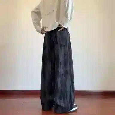蓝精灵 美式高街扎染满印垂感显高显瘦肌理灯芯绒学院风宽松运动潮流字母刺绣抽绳百搭阔腿垂感简约直筒休闲裤 男女同款