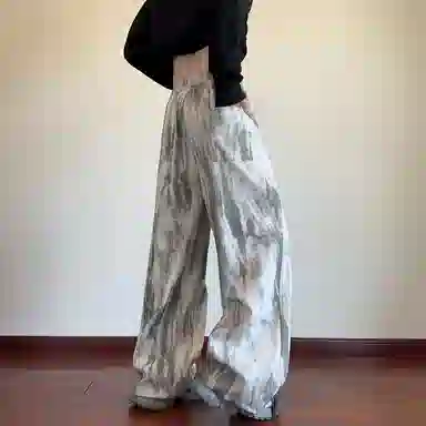 蓝精灵 美式高街扎染满印垂感显高显瘦肌理灯芯绒学院风宽松运动潮流字母刺绣抽绳百搭阔腿垂感简约直筒休闲裤 男女同款