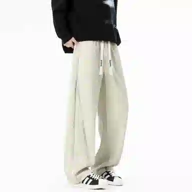蓝精灵 显高显瘦垂感美式高街潮牌纯色简约侧边条纹开衩设计针织卫裤帅气情侣潮流百搭舒适柔软亲肤日常通勤宽松直筒阔腿休闲裤 男女同款