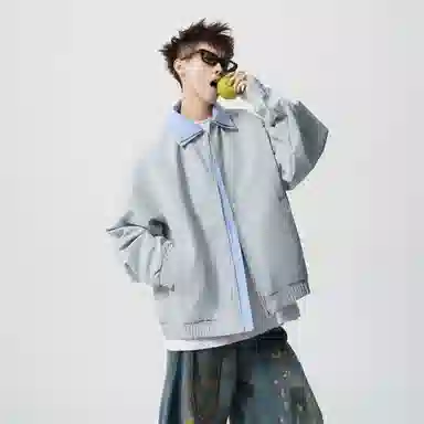 蓝精灵 美式高街潮牌简约基础款纯色条纹假两件双层翻领高级感慵懒风松弛感个性潮流百搭青春帅气时尚舒适日常通勤休闲夹克外套 男女同款