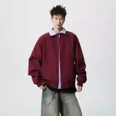 蓝精灵 美式高街潮牌简约基础款纯色条纹假两件双层翻领高级感慵懒风松弛感个性潮流百搭青春帅气时尚舒适日常通勤休闲夹克外套 男女同款
