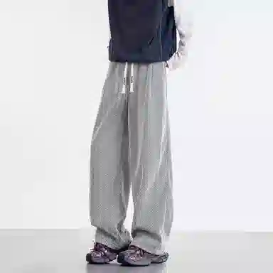 蓝精灵 美式高街复古小众老钱风斑马格纹设计大码宽松直筒垂感阔腿长裤潮牌潮流无性别主义舒适通勤抽绳系带休闲裤 男女同款