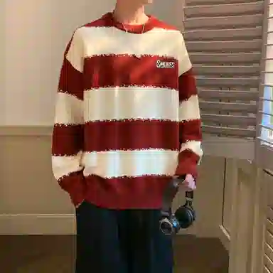 蓝精灵 显高显瘦遮肉美式高街潮牌简约条纹拼色慵懒风软糯保暖圆领套头毛线衣宽松舒适亲肤情侣潮流百搭时尚日常通勤休闲针织衫 男女同款