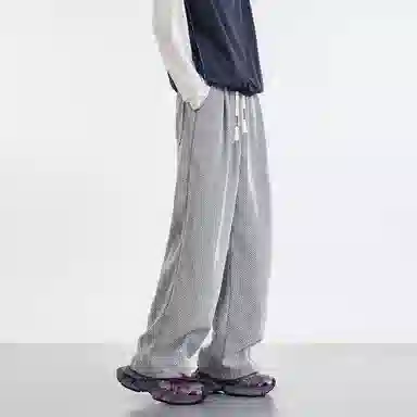 蓝精灵 美式高街复古小众老钱风斑马格纹设计大码宽松直筒垂感阔腿长裤潮牌潮流无性别主义舒适通勤抽绳系带休闲裤 男女同款
