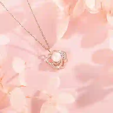 中国珠宝 玫瑰花锁骨链轻奢小众优雅温柔气质百搭新年圣诞元旦氛围感高级 淡水珍珠 项链 女款