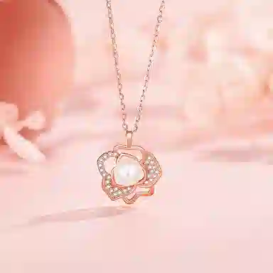 中国珠宝 玫瑰花锁骨链轻奢小众优雅温柔气质百搭新年圣诞元旦氛围感高级 淡水珍珠 项链 女款