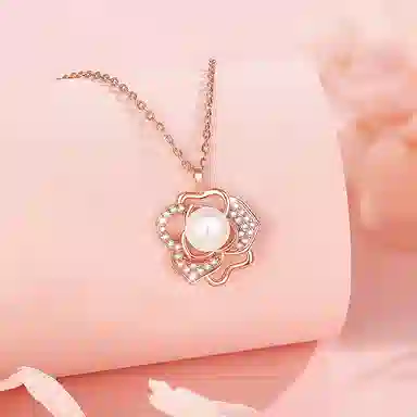 中国珠宝 玫瑰花锁骨链轻奢小众优雅温柔气质百搭新年圣诞元旦氛围感高级 淡水珍珠 项链 女款