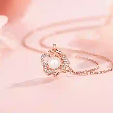 中国珠宝 玫瑰花锁骨链轻奢小众优雅温柔气质百搭新年圣诞元旦氛围感高级 淡水珍珠 项链 女款