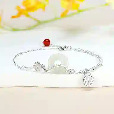 中国珠宝 新中式平安扣福字钥匙拼接转运复古国风简约高级气质可调节 玉髓 玉石手链 女款