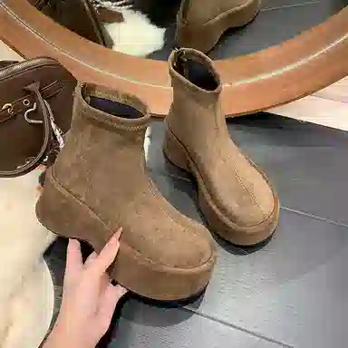 鼎固 韩版松糕坡跟绒面瘦瘦靴女复古小个子增高短靴厚底弹力靴 户外靴 女