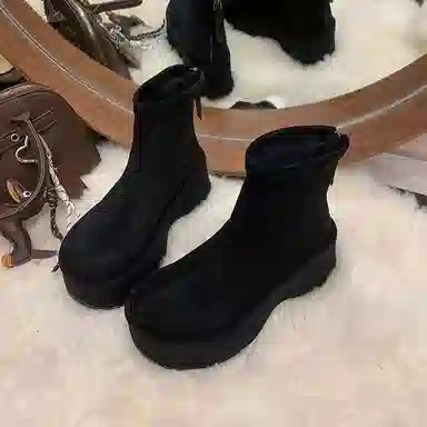 鼎固 韩版松糕坡跟绒面瘦瘦靴女复古小个子增高短靴厚底弹力靴 户外靴 女