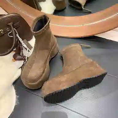 鼎固 韩版松糕坡跟绒面瘦瘦靴女复古小个子增高短靴厚底弹力靴 户外靴 女