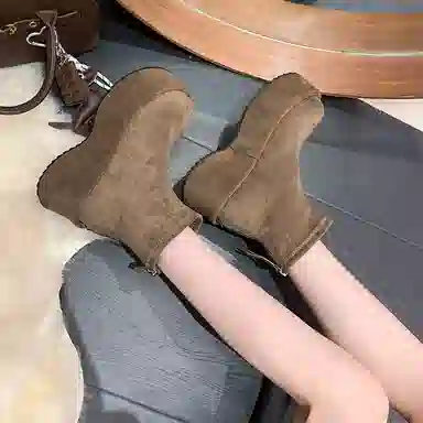 鼎固 韩版松糕坡跟绒面瘦瘦靴女复古小个子增高短靴厚底弹力靴 户外靴 女