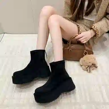 鼎固 韩版松糕坡跟绒面瘦瘦靴女复古小个子增高短靴厚底弹力靴 户外靴 女