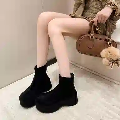 鼎固 韩版松糕坡跟绒面瘦瘦靴女复古小个子增高短靴厚底弹力靴 户外靴 女