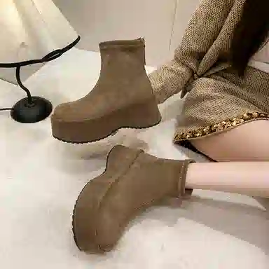 鼎固 韩版松糕坡跟绒面瘦瘦靴女复古小个子增高短靴厚底弹力靴 户外靴 女