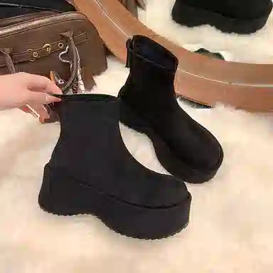 鼎固 韩版松糕坡跟绒面瘦瘦靴女复古小个子增高短靴厚底弹力靴 户外靴 女