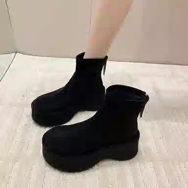 鼎固 韩版松糕坡跟绒面瘦瘦靴女复古小个子增高短靴厚底弹力靴 户外靴 女