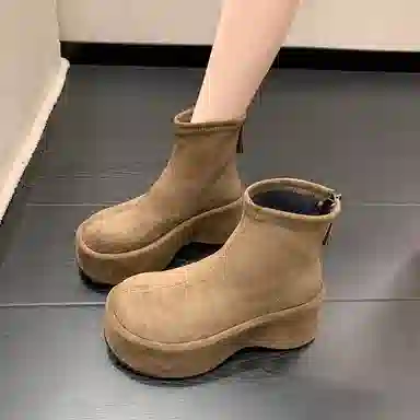 鼎固 韩版松糕坡跟绒面瘦瘦靴女复古小个子增高短靴厚底弹力靴 户外靴 女