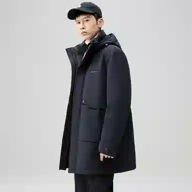 鸭鸭 时尚加厚中长款纯色连帽羽绒服 男款