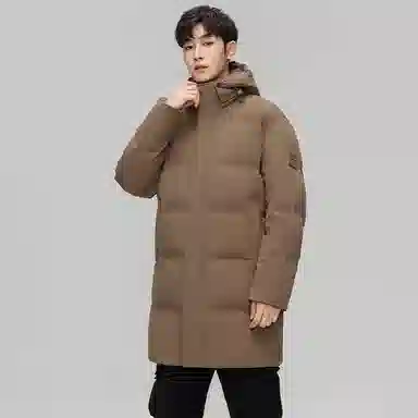 鸭鸭 纯色简约保暖防风抗寒户外加厚连帽中长款羽绒服 男款