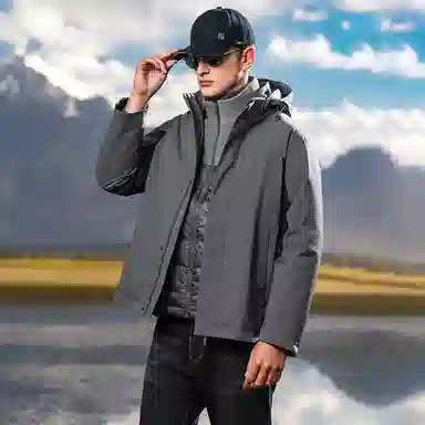 鸭鸭 鹅绒三合一系列 纯色山系户外远足防风防水保暖短款连帽登山羽绒服 男款