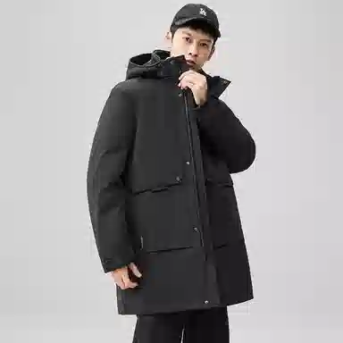 鸭鸭 时尚加厚中长款纯色连帽羽绒服 男款