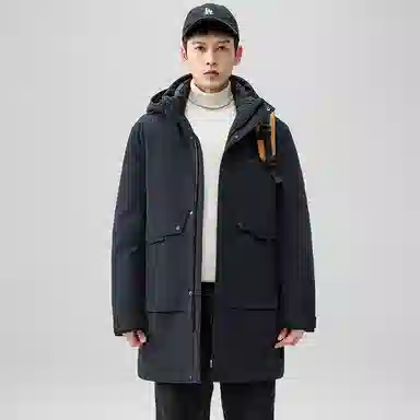 鸭鸭 时尚加厚中长款纯色连帽羽绒服 男款
