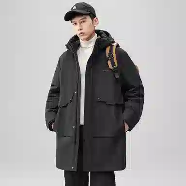 鸭鸭 时尚加厚中长款纯色连帽羽绒服 男款