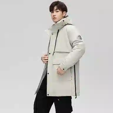 鸭鸭 鹅绒系列户外工装风连帽保暖休闲加厚新国标中长款羽绒服 男款
