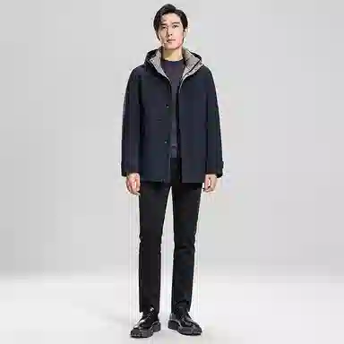 鸭鸭 纯色商务休闲连帽中长款羽绒服 男款 虾青色