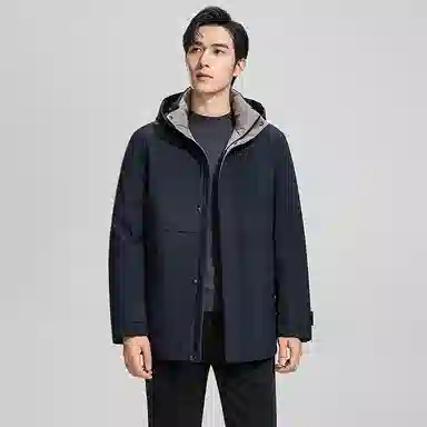 鸭鸭 纯色商务休闲连帽中长款羽绒服 男款 虾青色