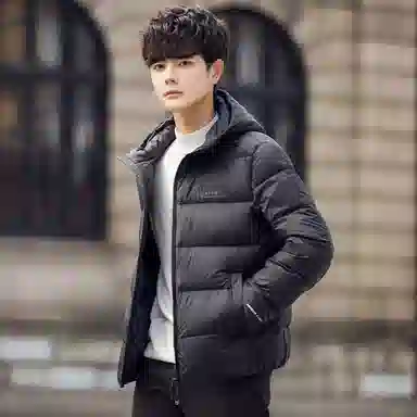 鸭鸭 连帽纯色面包羽绒服 男款
