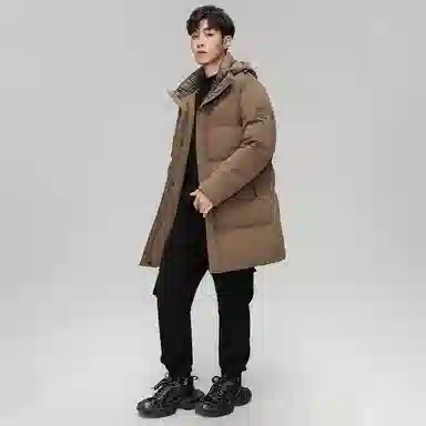 鸭鸭 纯色简约保暖防风抗寒户外加厚连帽中长款羽绒服 男款