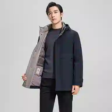 鸭鸭 纯色商务休闲连帽中长款羽绒服 男款 虾青色