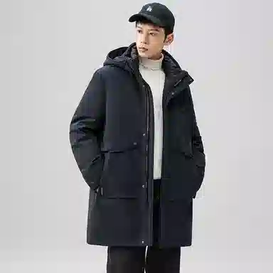 鸭鸭 时尚加厚中长款纯色连帽羽绒服 男款