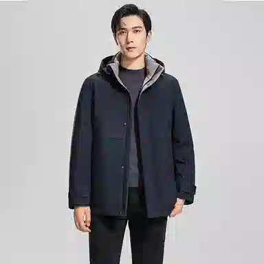 鸭鸭 纯色商务休闲连帽中长款羽绒服 男款 虾青色