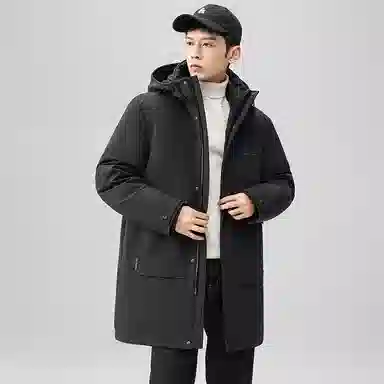 鸭鸭 时尚加厚中长款纯色连帽羽绒服 男款