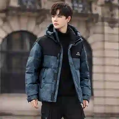 鸭鸭 青年时尚韩版潮流短款连帽户外运动休闲百搭防寒保暖迷彩面包羽绒服 男女同款