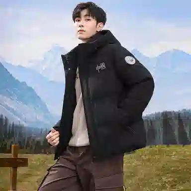 鸭鸭 中青年时尚韩版潮流中国风短款连帽外套山系户外运动休闲加厚保暖迷彩面包羽绒服 男女同款